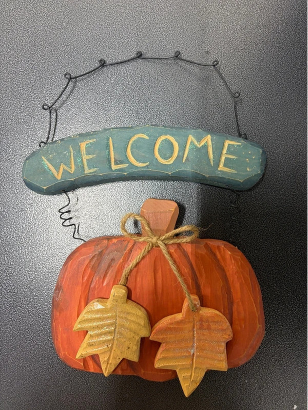 Fall welcome a sign with Wooden Pumpkin & Dangling Leaves